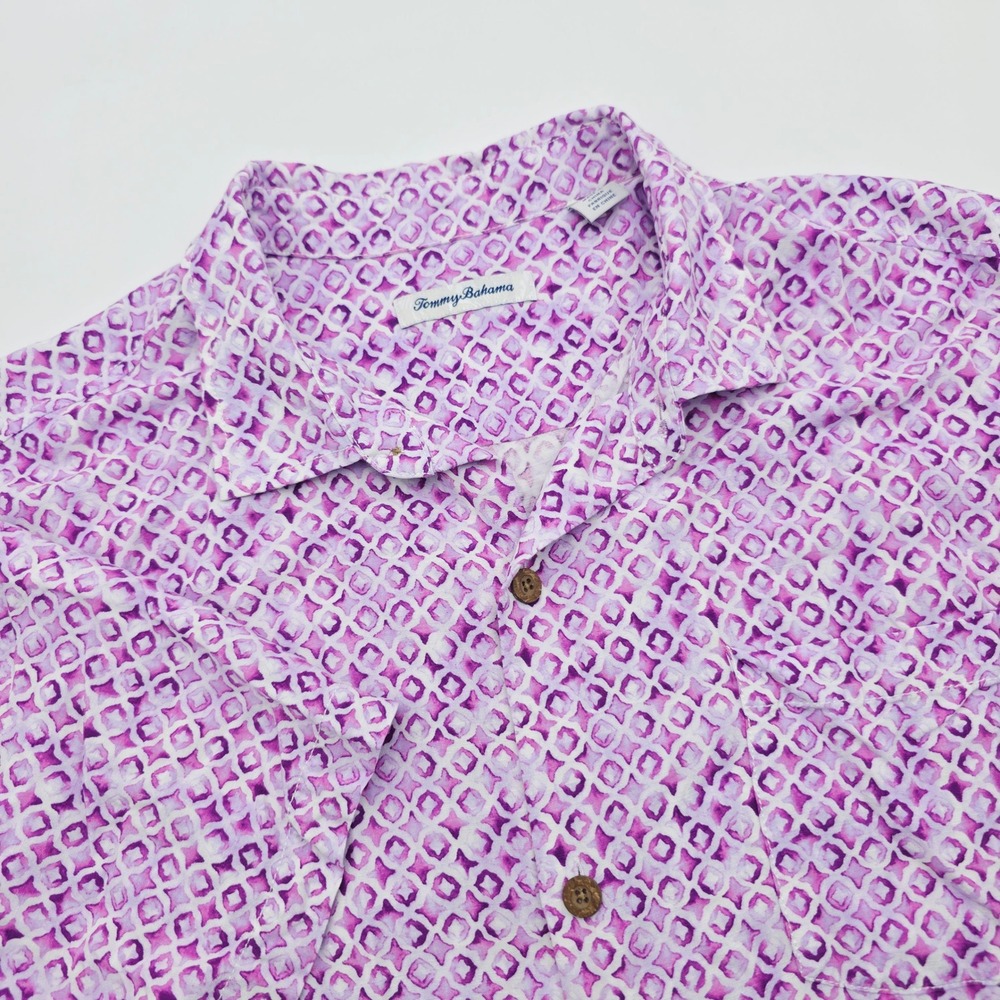 Tommy Bahama Mens XL Purple White Geometric AOP Lenzing Short Sleeve Camp Shirt